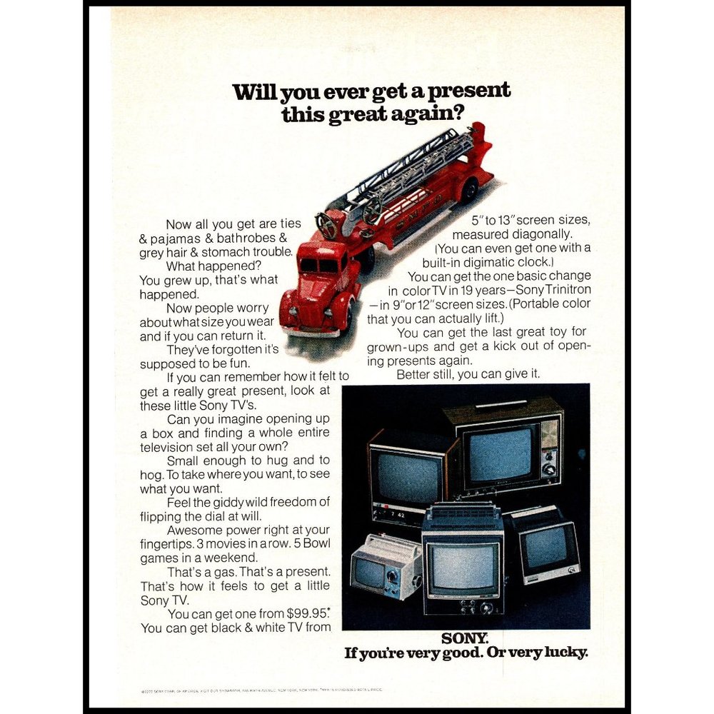 1970 Sony Television TV Trinitron Vintage Print Ad Fire Truck Toy Wall Art 10x13